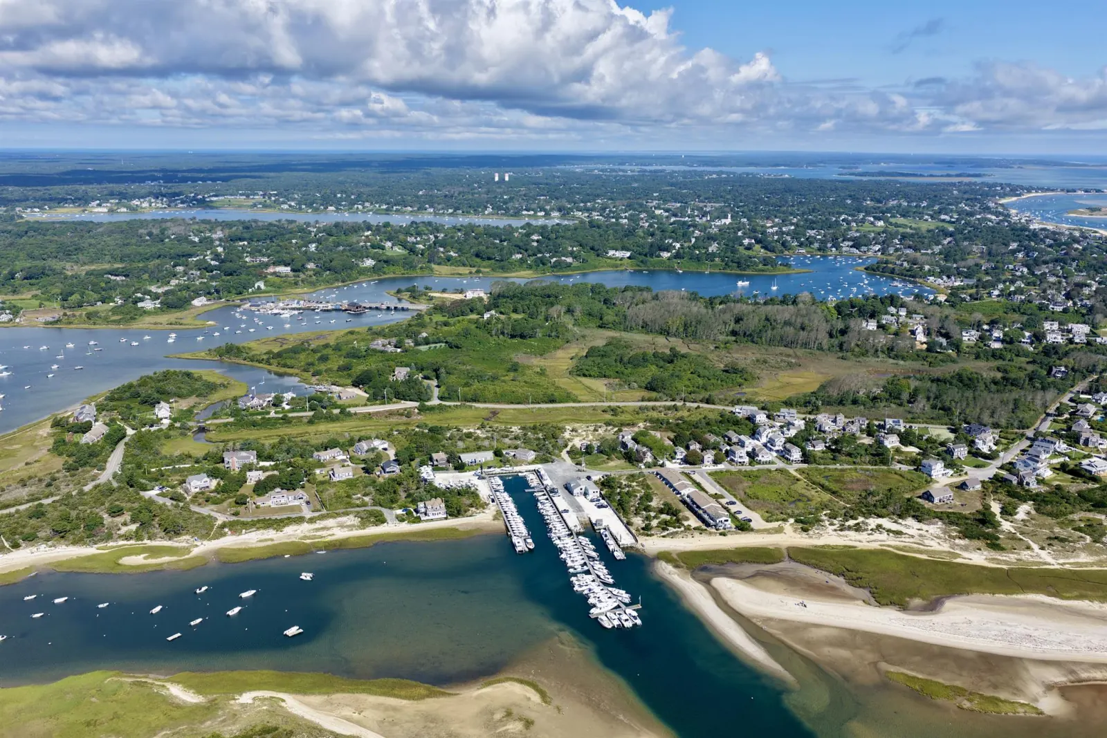 Aerial view of Outermost Harbor Marine's docks in Chatham, Cape Cod